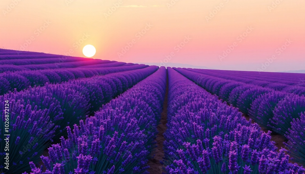 Naklejka premium Lavender field with a sunrise in the background.