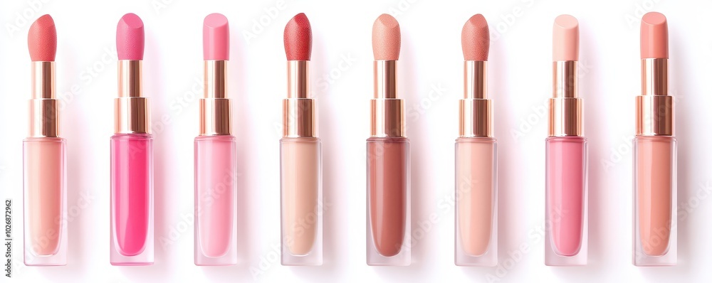 Obraz premium Pink lip gloss tint with color shading pallete smudge gel,Liquid lipsticks with smudge stroke paint,makeup cosmetic lips, product mockup for beauty fashion business,sale,swatch color,template.