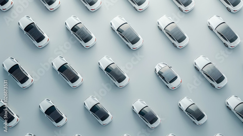 Futuristic cars arranged in grid pattern, showcasing modern design and technology. image highlights concept of sustainable transportation with solar panels on roofs