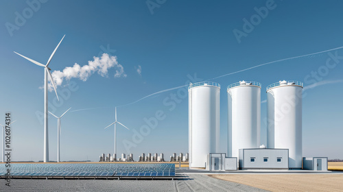 Futuristic green hydrogen plant with wind turbines and solar panels, showcasing renewable energy technology and sustainable development