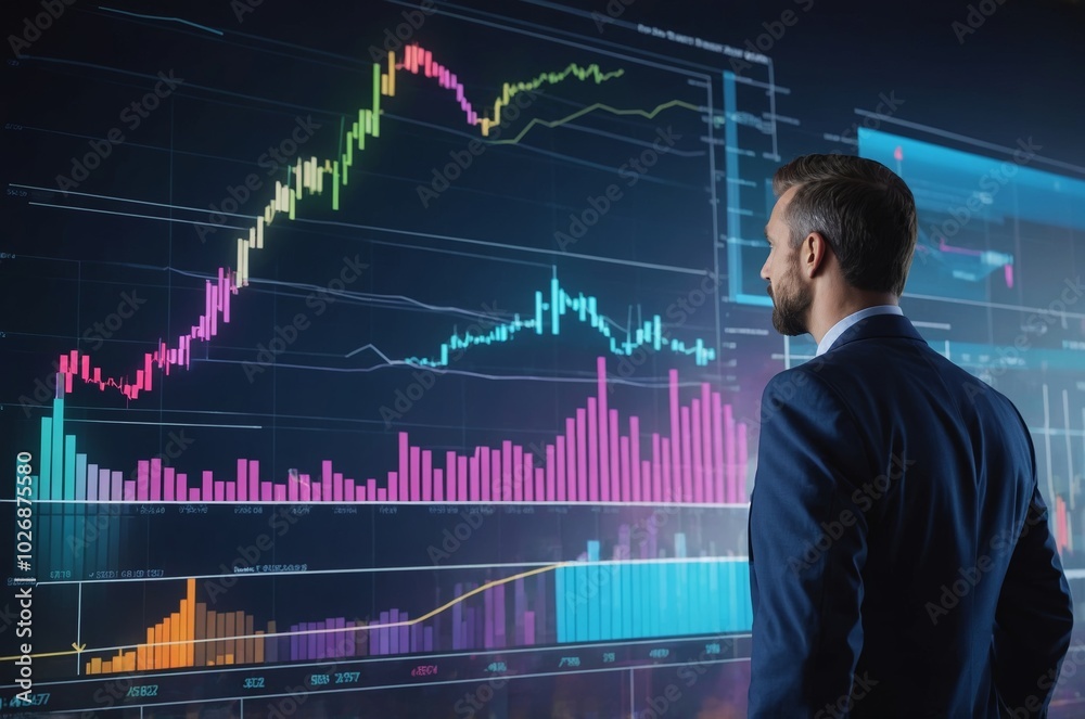 Businessman analyzing stock market data on screen Businessman analyzing stock market data on screen