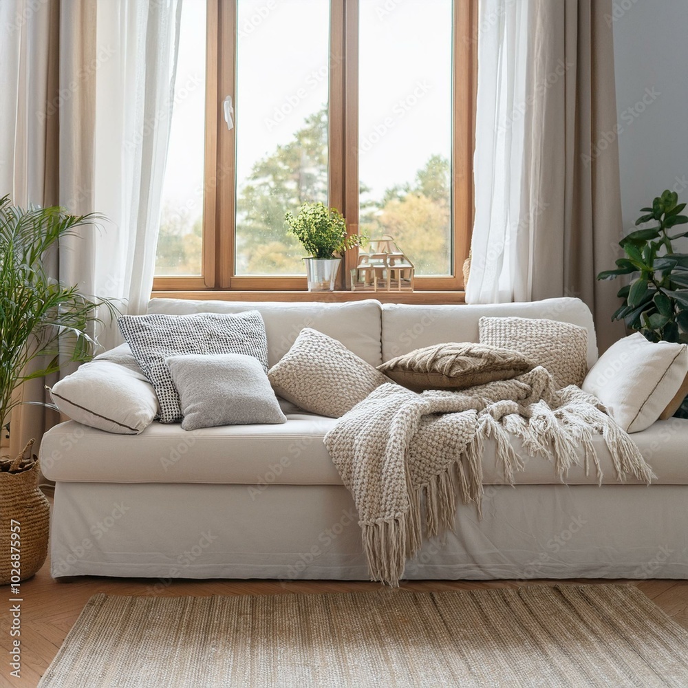 Fototapeta premium Scandinavian, hygge home interior design of modern living room. Cozy white sofa with pillows and blanket against window.