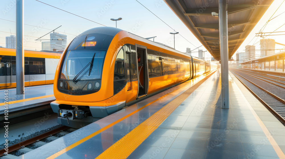 Fototapeta premium modern train at sleek transportation hub, showcasing vibrant orange colors and well designed platform. scene captures essence of futuristic travel and urban design