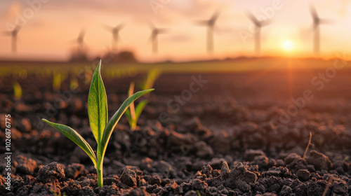 young green plant emerges from rich soil, symbolizing growth and sustainability, with wind turbines in background under beautiful sunset