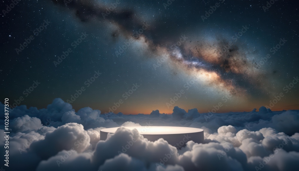 Cloud podium set beneath the Milky Way in a calm, starry night, perfect for dreamy product displays Cloud podium set beneath the Milky Way in a calm, starry night, perfect for dreamy product displays