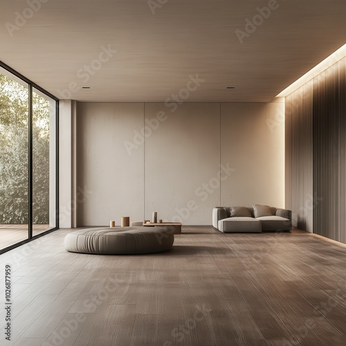 Modern minimalist living room featuring spacious layout, natural light, and stylish furniture for a serene atmosphere.