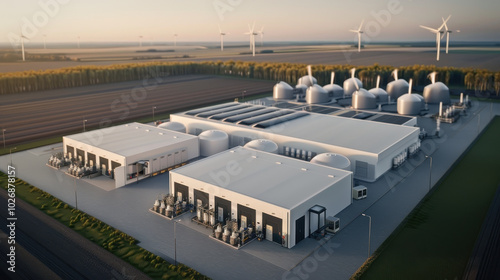 hydrogen facility powered by wind turbines showcases modern renewable energy technology. expansive site features large storage tanks and industrial structures, emphasizing sustainability