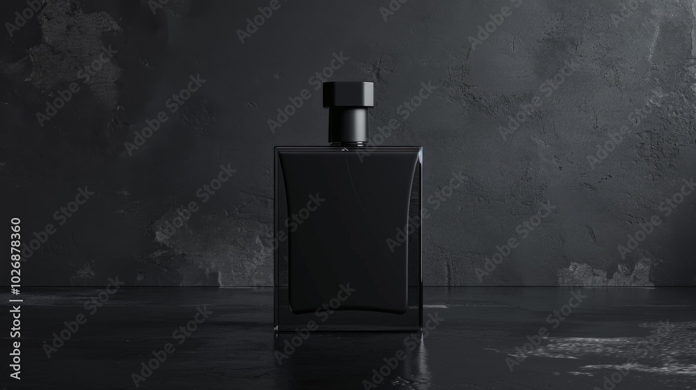 men's perfume bottle with a clean and austere design on a plain, matte black background. Mockup for design men's perfume bottle with a clean and austere design on a plain, matte black background. Mockup for design