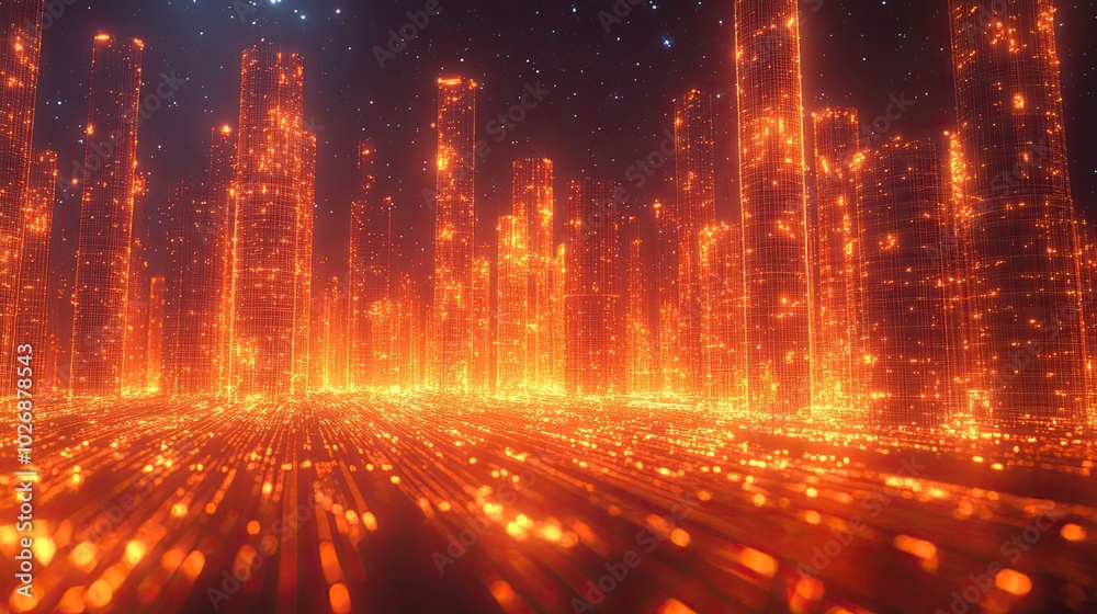 Sci-fi technology background in orange wireframe, illustrating futuristic design elements in 3D.