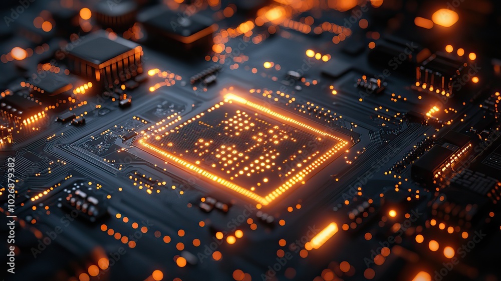 Technology background blending orange and blue tones, featuring circuit board patterns and coding elements. Technology background blending orange and blue tones, featuring circuit board patterns and coding elements.