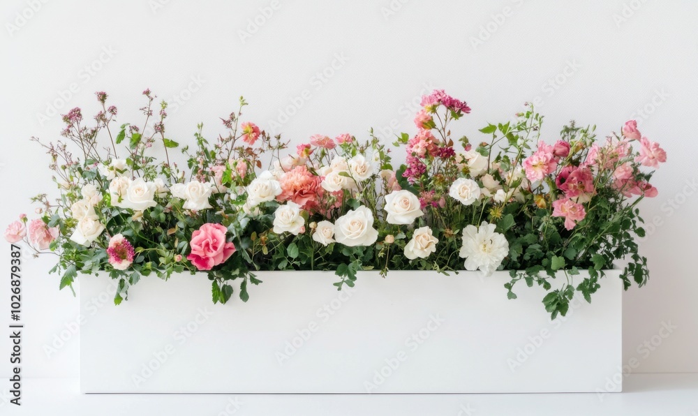 Fototapeta premium floor flower arrangement in a white flower box, aesthetic