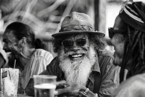 Unidentified Indian man with long white beard and hat sitting at the street in Kolkata. photo