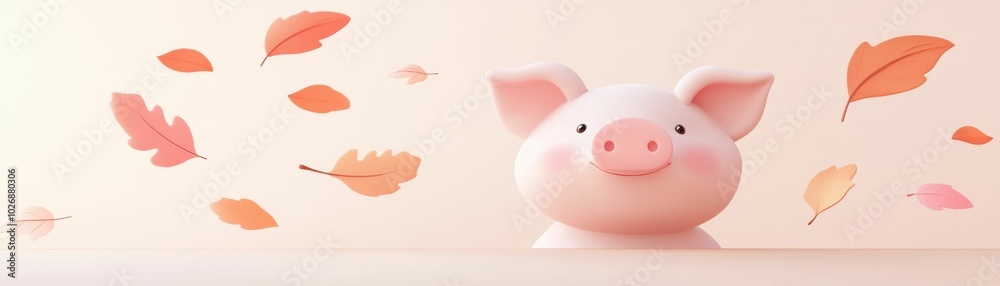 A smiling pig stands cheerfully with autumn leaves falling around it, set against a soft pastel background, creating a cheerful and playful mood.. A smiling pig stands cheerfully with autumn leaves falling around it, set against a soft pastel background, creating a cheerful and playful mood..
