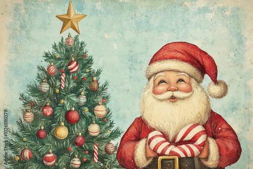 Vintage Christmas illustration featuring Santa Claus holding candy canes beside a decorated tree with a shining star on top.