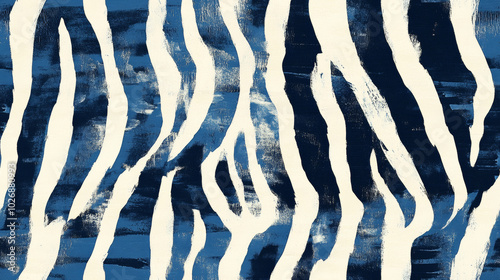zebra print seamless patchwork pattern in navy blue and white paint. fashion trendy background for fabric design wallpaper