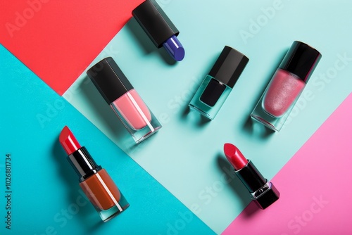 various cosmetics nail polish and lipstick