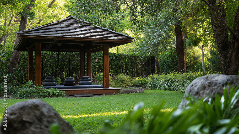 Serene yoga session in lush garden setting Serene yoga session in lush garden setting