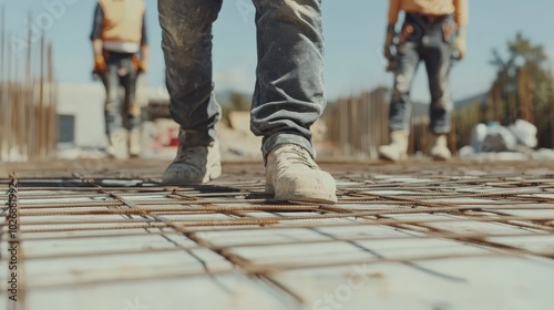 Construction Workers' Feet on Rebar Grid at Construction Site