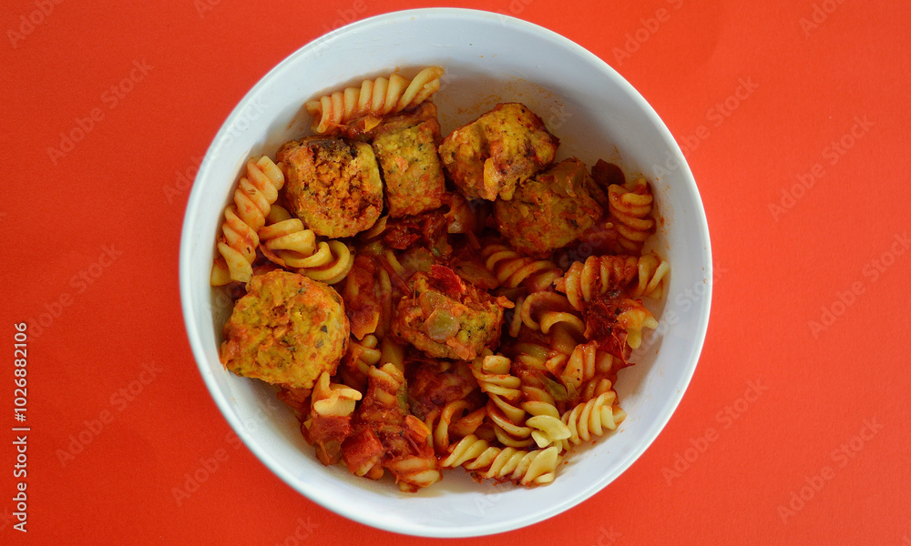 Italian style meatballs with pasta, tomato sauce and cheese in a bowl. Italian style meatballs with pasta, tomato sauce and cheese in a bowl.
