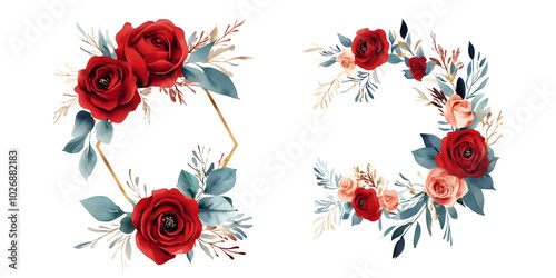 Set of cute watercolor floral wreaths isolated on a transparent background, PNG, with pastel peach-colored roses and green leaves.