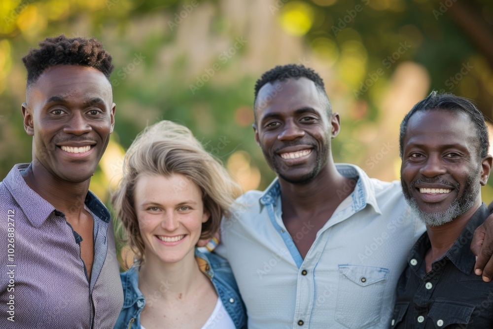Portrait of happy multiethnic group of friends standing together in park Portrait of happy multiethnic group of friends standing together in park
