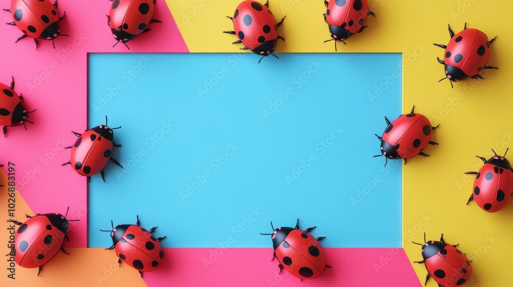 Whimsical Ladybug Mockup on Colorful Background Whimsical Ladybug Mockup on Colorful Background