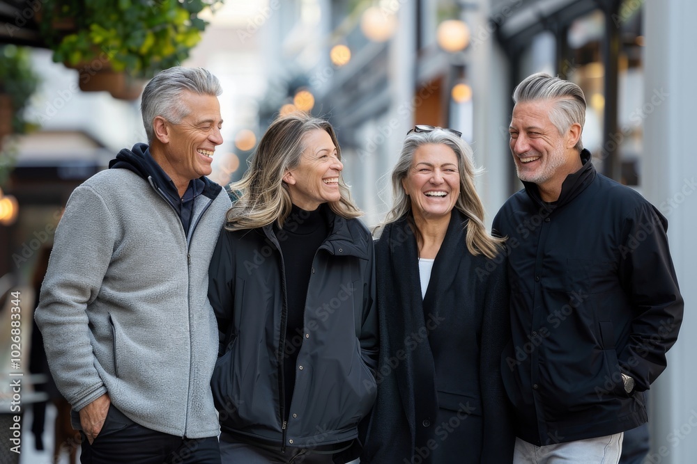 Group of happy senior friends walking together in the city. They are looking at camera and smiling. Group of happy senior friends walking together in the city. They are looking at camera and smiling.