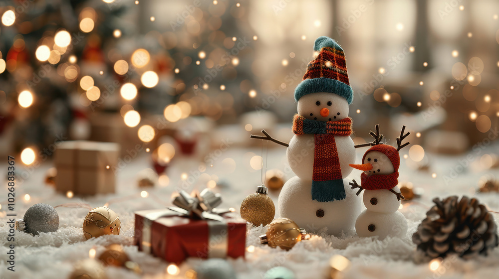 cheerful snowman and smaller snowman with reindeer antler celebrate Christmas in festive setting filled with decorations and gifts. warm atmosphere evokes joy and holiday spirit cheerful snowman and smaller snowman with reindeer antler celebrate Christmas in festive setting filled with decorations and gifts. warm atmosphere evokes joy and holiday spirit