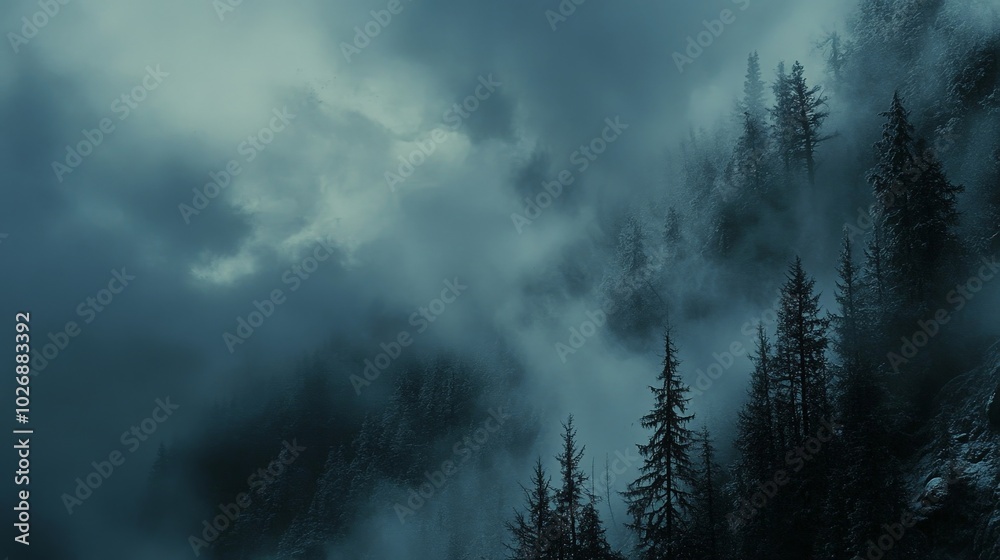 Dramatic Misty Mountain Landscape with Ominous Clouds and Evergreen Pines Dramatic Misty Mountain Landscape with Ominous Clouds and Evergreen Pines