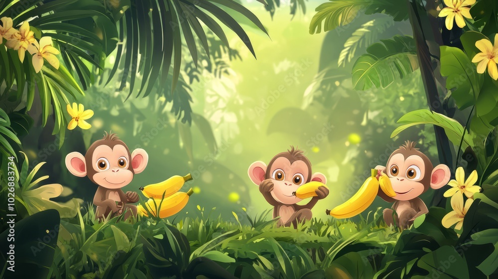 Cute Cartoon Monkeys in Lush Greenery Cute Cartoon Monkeys in Lush Greenery