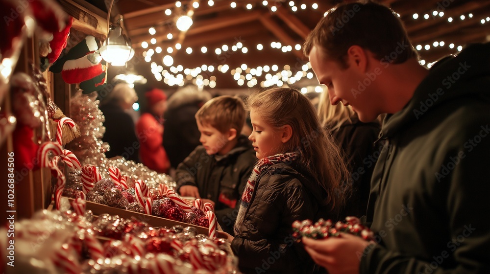 A man and two children are looking at a display of candy canes. Scene is festive and joyful, as the family is enjoying the holiday season.Generative ai illustration. A man and two children are looking at a display of candy canes. Scene is festive and joyful, as the family is enjoying the holiday season.Generative ai illustration.