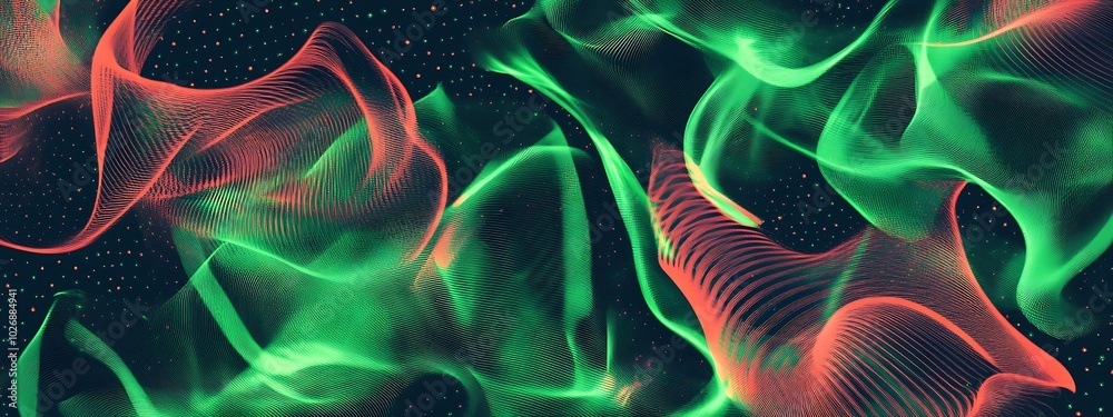 Obraz premium Abstract digital art with green and red neon waves in a dark space.