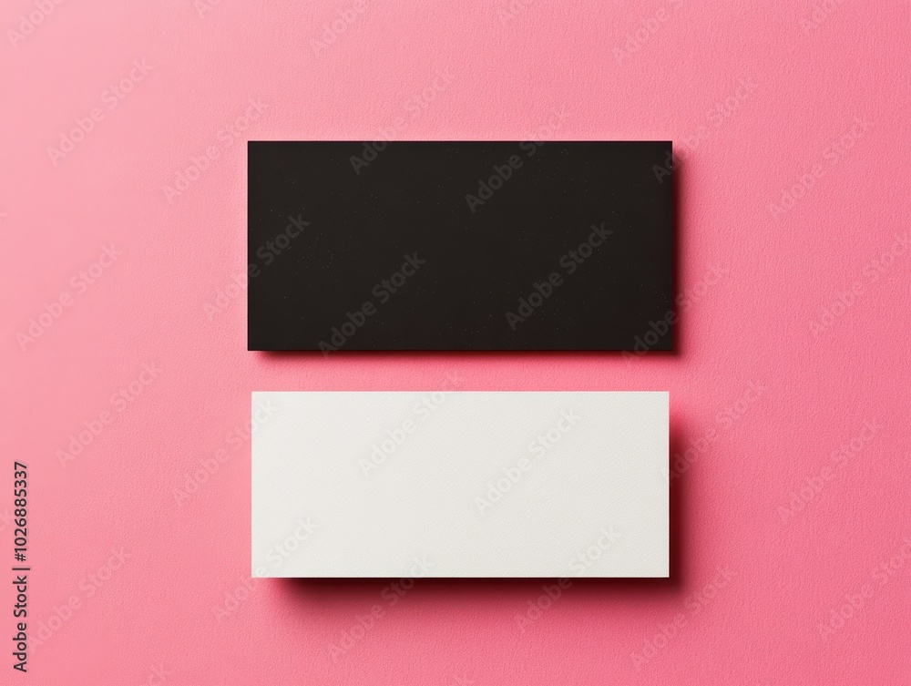 Fototapeta premium Two business cards, one black and one white, placed on a pink surface, emphasizing contrast and minimalistic design for branding.