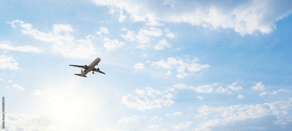 ULTRA HD. Airplane flies in blue sky. Travel. Airplane takes off against the background of blue sky. ULTRA HD. Airplane flies in blue sky. Travel. Airplane takes off against the background of blue sky.