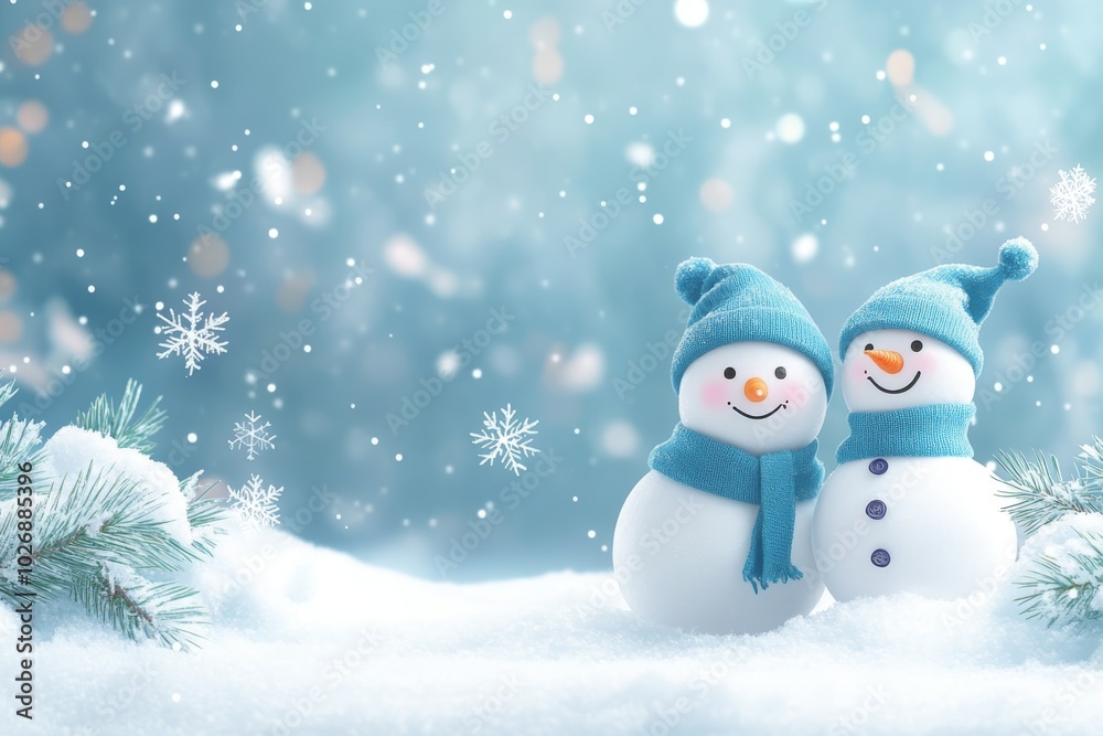 Cute Snowmen In Winter Wonderland With Snowflakes And Pine Branches Cute Snowmen In Winter Wonderland With Snowflakes And Pine Branches