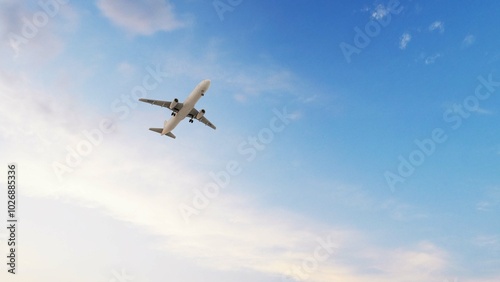 ULTRA HD. Airplane flies in blue sky. Travel. Airplane takes off against the background of blue sky. 