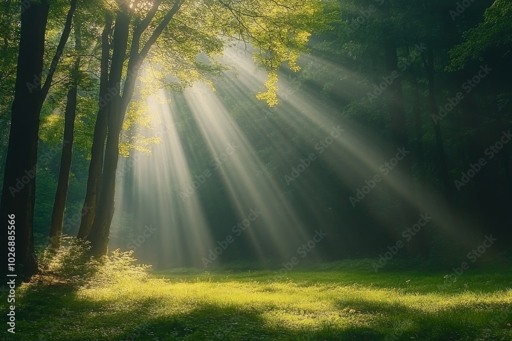 Sunbeams Through Forest Trees With Green Grass Sunbeams Through Forest Trees With Green Grass