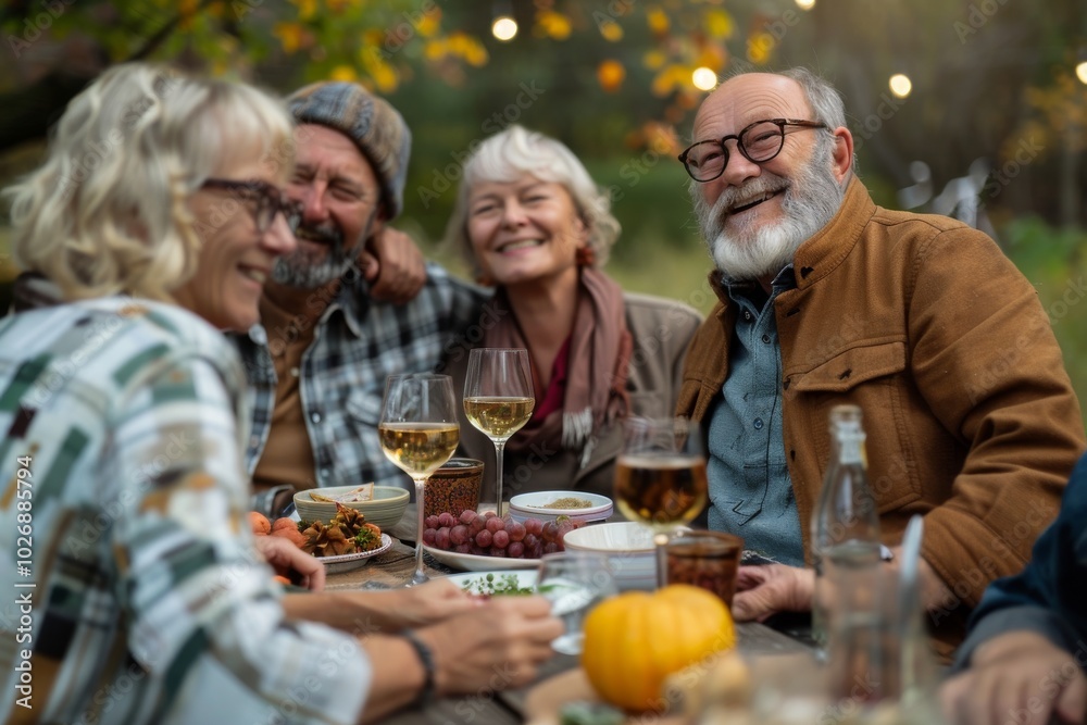 Group of senior friends having a dinner together in the garden. Selective focus. Group of senior friends having a dinner together in the garden. Selective focus.