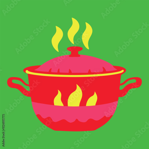 A red pot with yellow flames