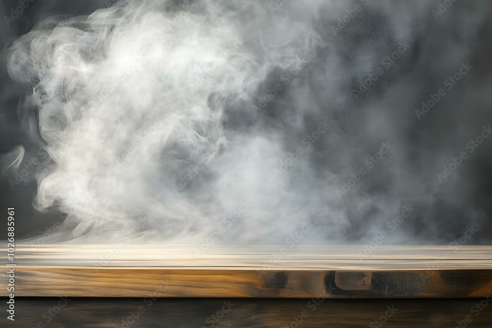 Wood table with smoke. Wooden tabletop and empty wall on background. Surface for product presentation. Mockup stage for design Wood table with smoke. Wooden tabletop and empty wall on background. Surface for product presentation. Mockup stage for design