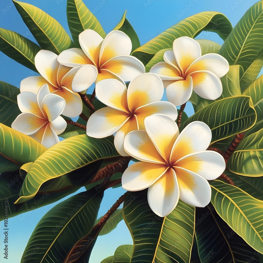 Obraz premium Tropical Radiance Frangipani Blooms Against Blue Sky
