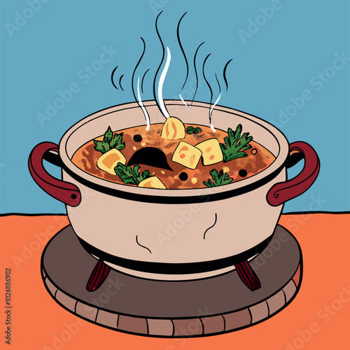 A drawing of a pot of stew with vegetables