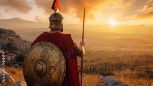 Spartan warrior wearing a red cloak and an iron helmet holding a spear, shield, and sword on the field of battle against a sunset background.