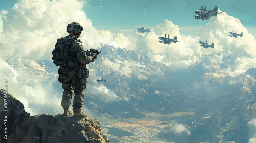 Soldier issuing orders to air-force units in celestial combat, scenic and realistic view from a high vantage point Soldier issuing orders to air-force units in celestial combat, scenic and realistic view from a high vantage point