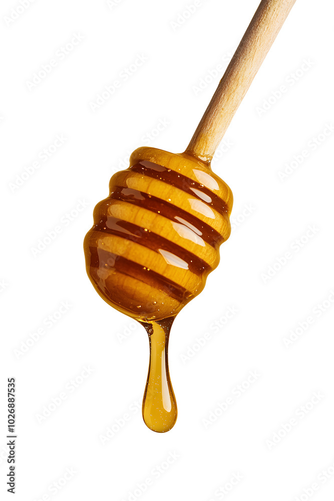 Honey Dripping from Wooden Honey Stick Close-up with Golden Glow on white and transparent background. PNG Honey Dripping from Wooden Honey Stick Close-up with Golden Glow on white and transparent background. PNG