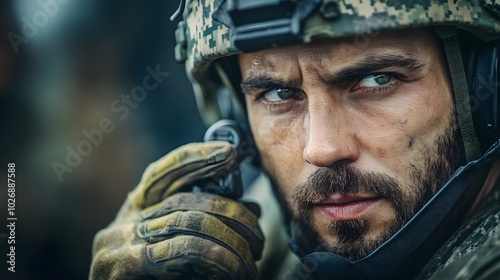 Portrait of soldier using communication tools to relay tactical orders during celestial warfare, with realistic close-up detail