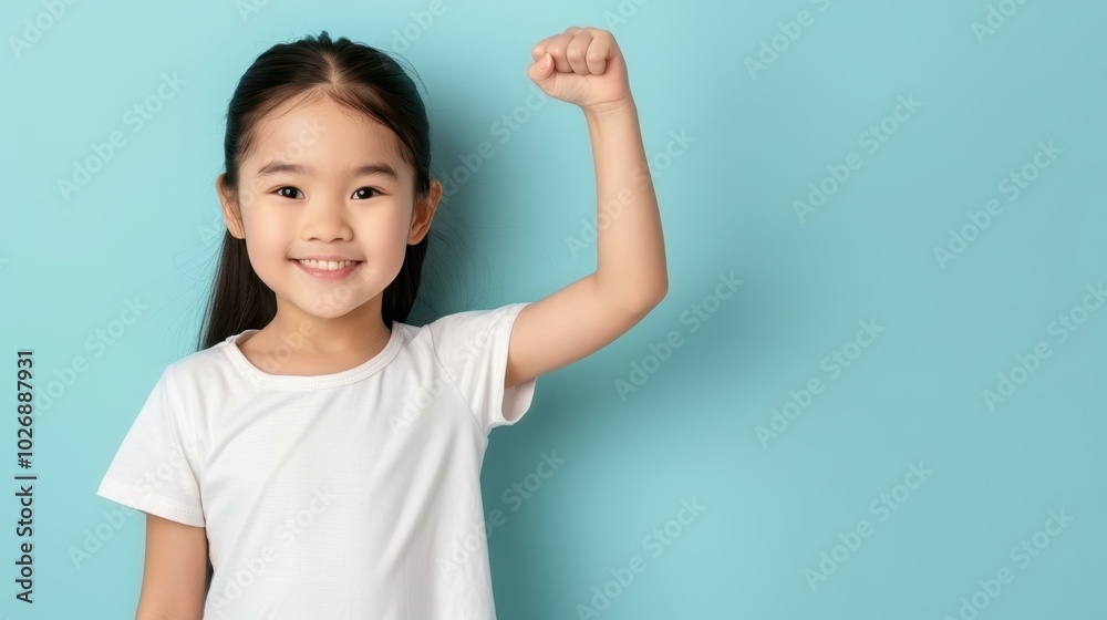 Joyful girl with a carefree spirit raises her fist in excitement, set against a vibrant aquamarine backdrop. Joyful girl with a carefree spirit raises her fist in excitement, set against a vibrant aquamarine backdrop.
