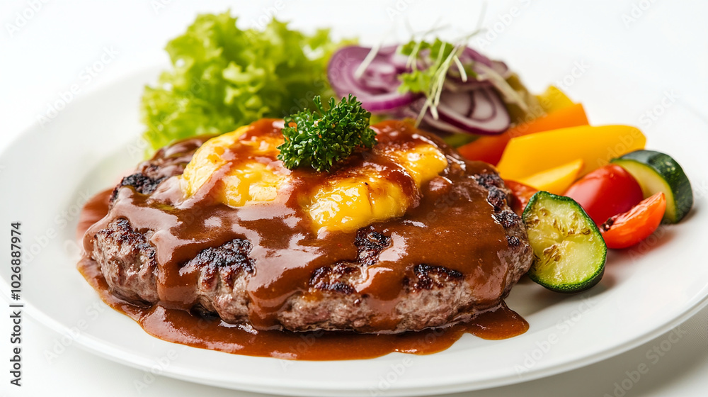 Juicy hamburger steak topped with melted cheese Juicy hamburger steak topped with melted cheese