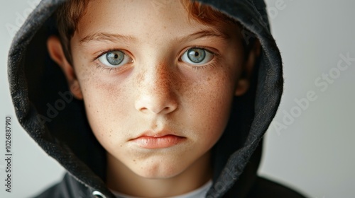 A closeup of a teenage boy in a black hooded jacket, gazing intently at the camera, capturing raw emotion in K.