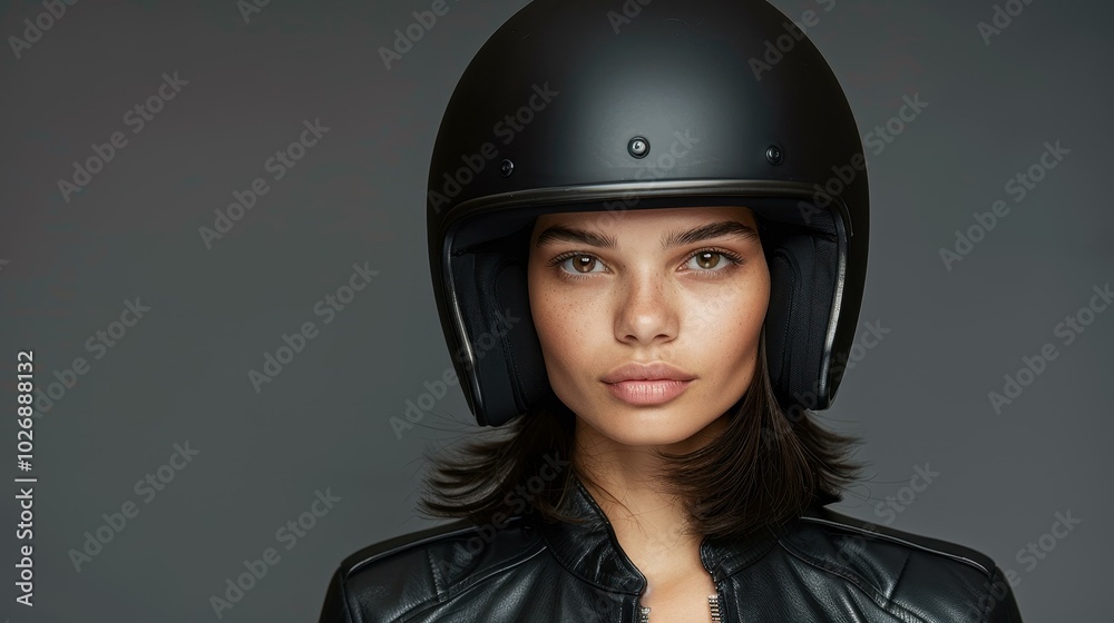 Fierce biker woman in a sleek helmet and leather outfit, exuding confidence and strength with every glance. Fierce biker woman in a sleek helmet and leather outfit, exuding confidence and strength with every glance.